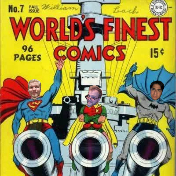 Comic book cover with Brian, Taylor, and Jorge as Superman, Robin, and Batman